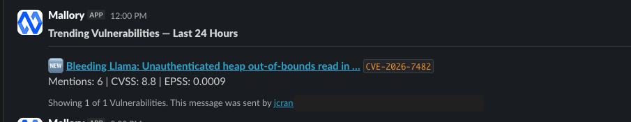 Slack notification from Mallory.AI showing a daily digest of recent and relevant vulnerabilities, including CVE-2026-7482 Bleeding Llama at the top of the list.