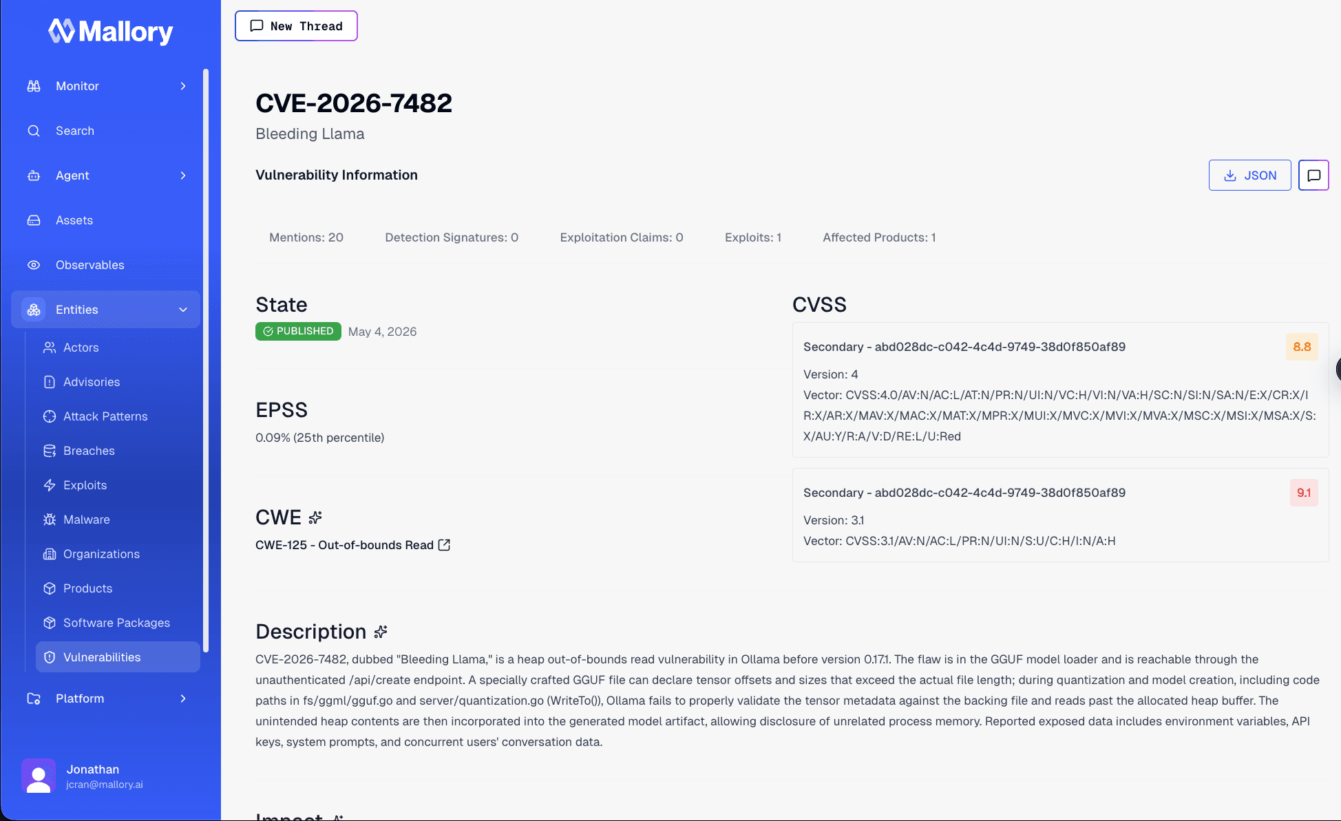 Mallory CVE-2026-7482 vulnerability page showing State, EPSS, CWE-125, CVSS scores, and a description of the heap-based out-of-bounds read in Ollama's GGUF model loader.