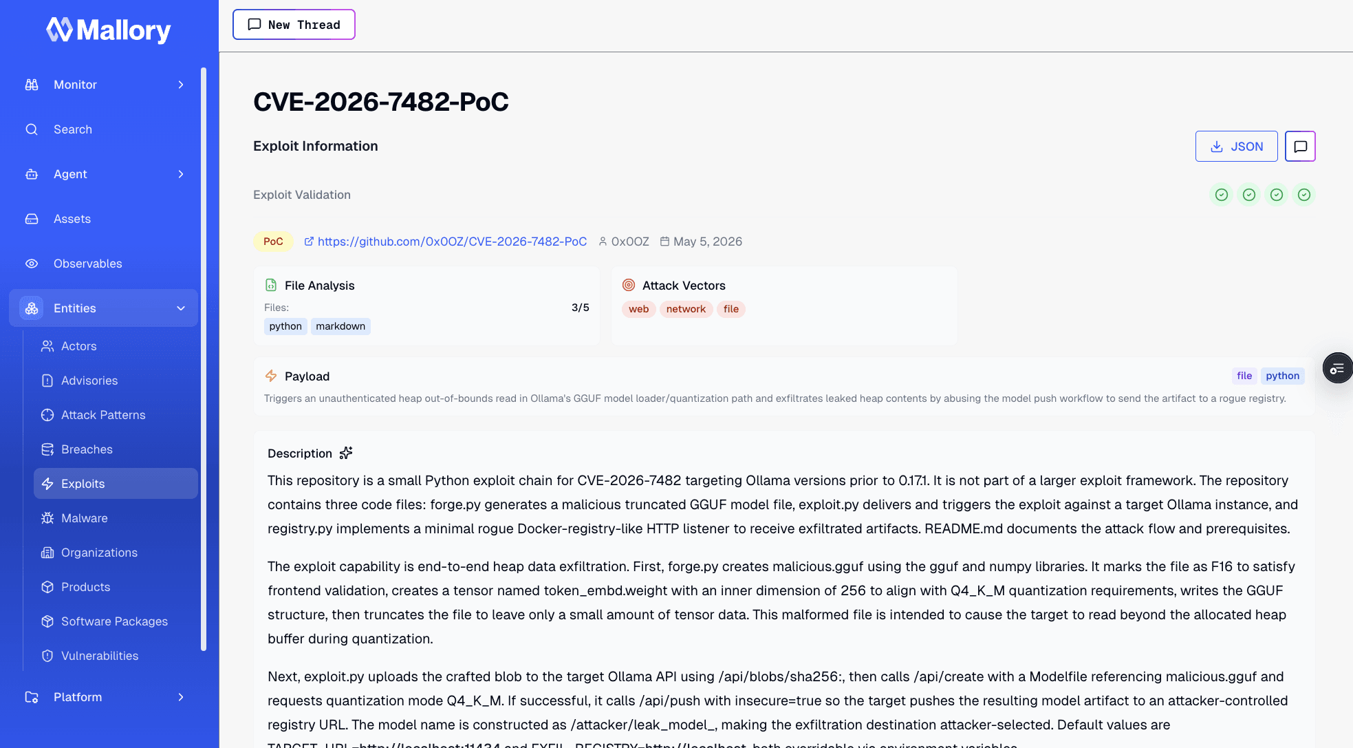 Mallory exploit detail page for CVE-2026-7482-PoC showing File Analysis 3/5, Attack Vectors tagged web/network/file/python, a Payload tag, and a description of the malicious GGUF chain.