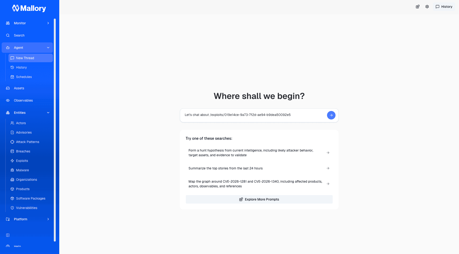 Mallory agent landing page titled 'Where shall we begin?' with a pre-filled prompt referencing the exploit UUID, plus suggested prompts for actor comparisons and breach searches.