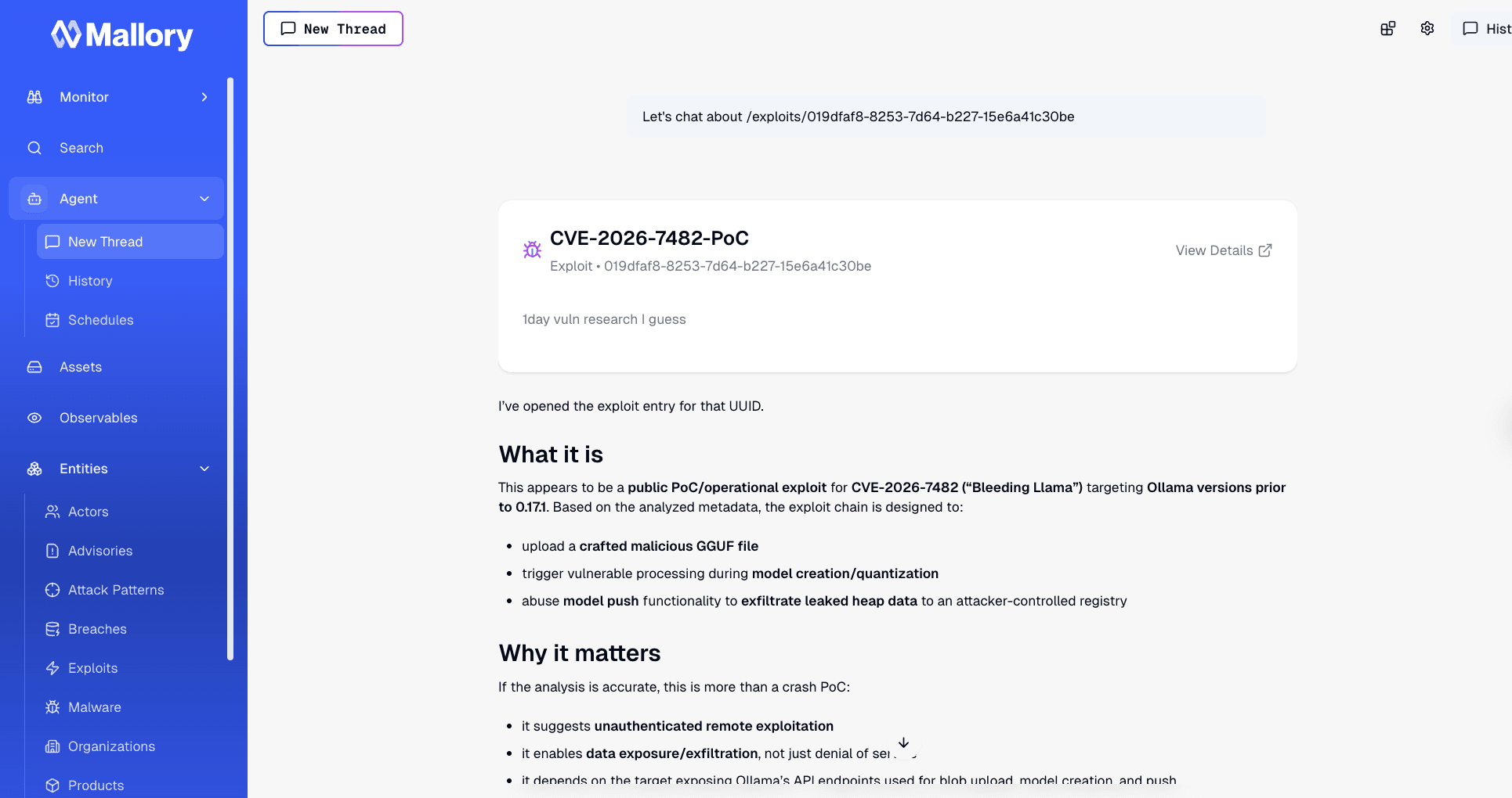 Agent thread showing a structured exploit summary with What it is and Why it matters sections, covering the public PoC for CVE-2026-7482 Bleeding Llama and its operational impact.
