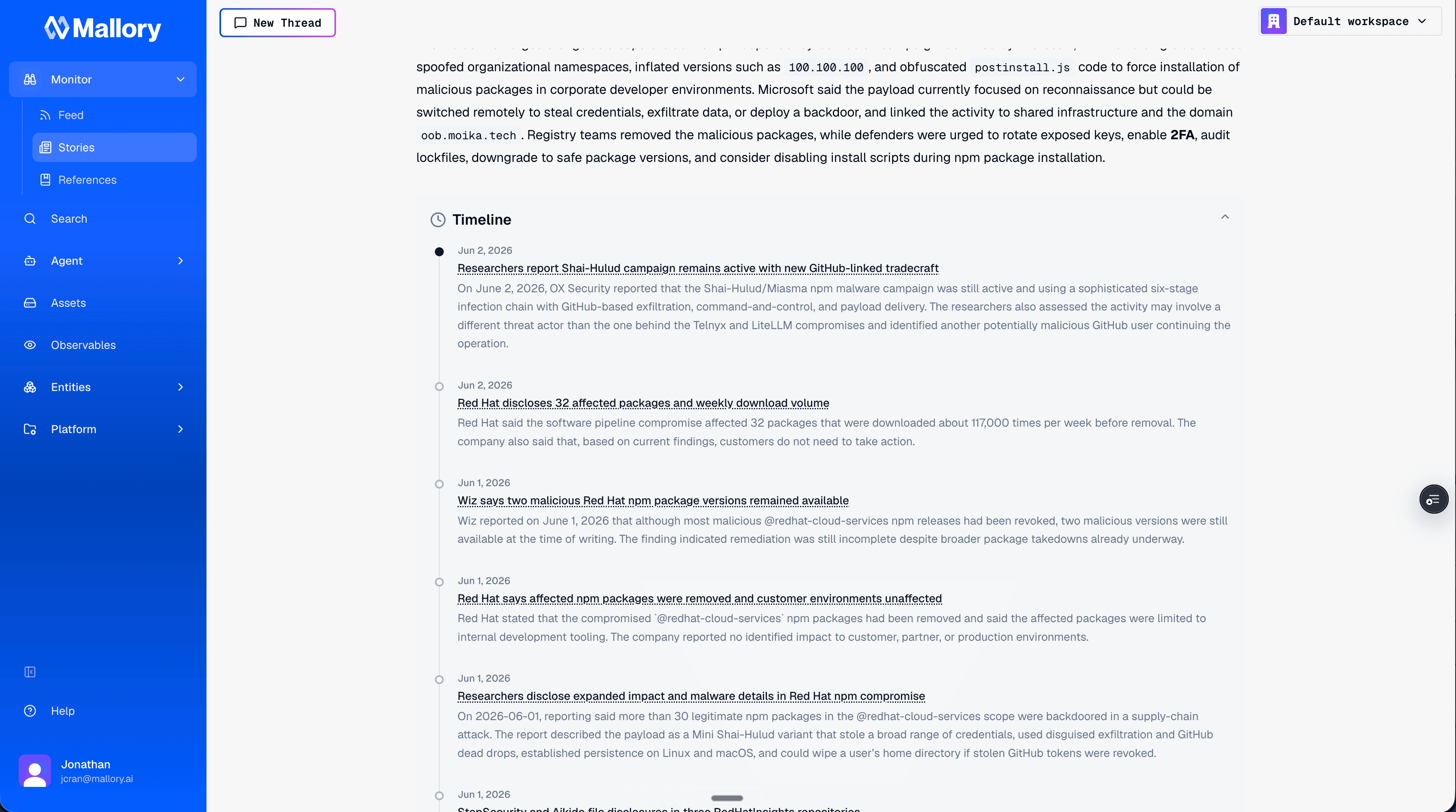 The Timeline section of the Mallory Story, showing dated events: researchers reporting the Shai-Hulud campaign active with new GitHub-linked tradecraft, Red Hat disclosing 32 affected packages and weekly download volume, packages being removed, and affected environments confirmed unaffected.