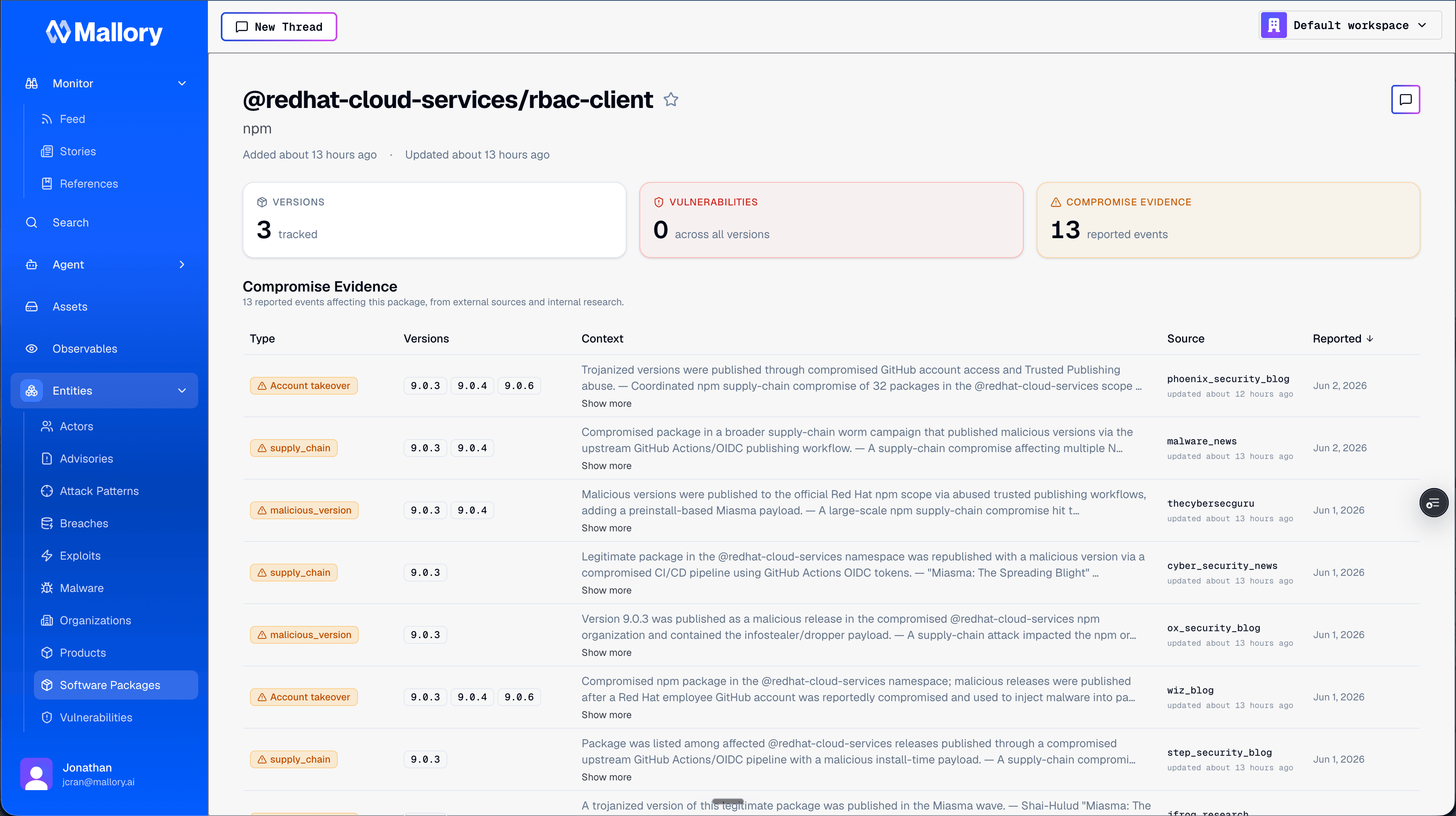 The package detail page for @redhat-cloud-services/rbac-client, showing 13 reported compromise events in a Compromise Evidence table with columns for type, affected versions, context, source, and reported date.