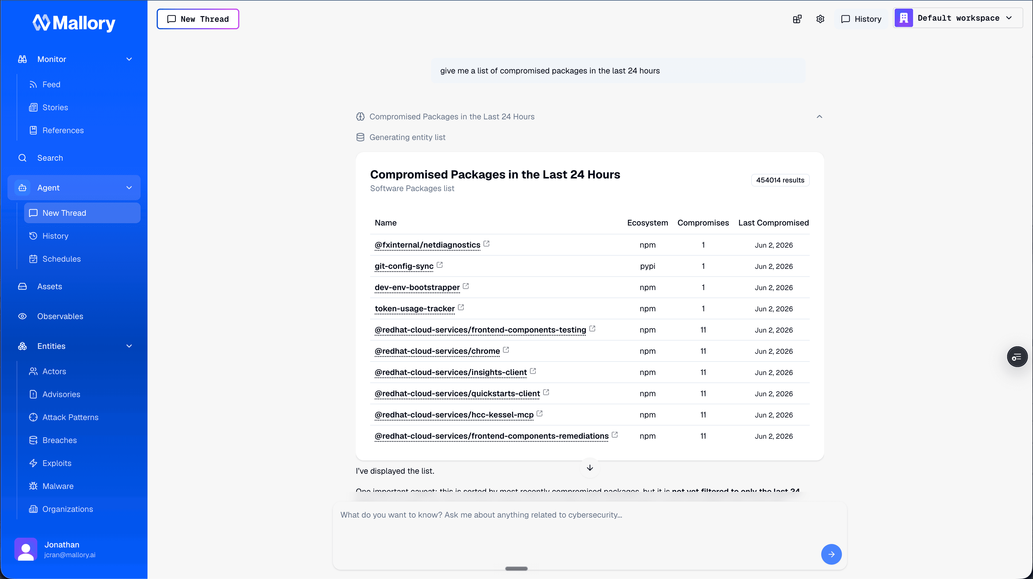 A Mallory agent thread answering 'give me a list of compromised packages in the last 24 hours' with a generated Compromised Packages list: a table of package names, ecosystem, compromise count, and last-compromised date, including several redhat-cloud-services packages.
