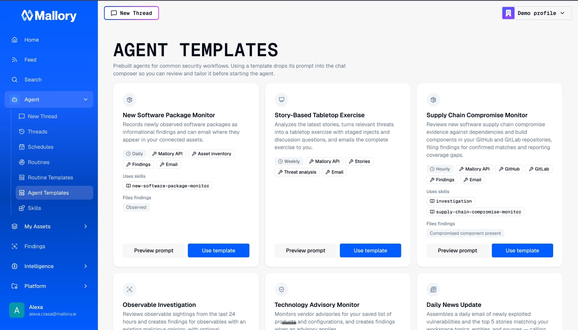 The Agent Templates page in Mallory.